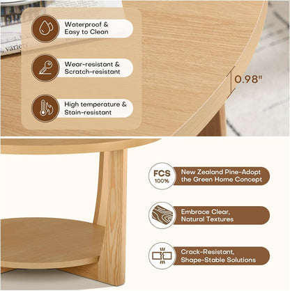 BECHAEO 31.5'' Round Coffee Table with Solid Wood Pine Legs, 2-Tier Retro Round Coffee Table with Storage Shelf, Small Modern Wood Circle Coffee Table Boho Round Center Table for Living Room (Natural)
