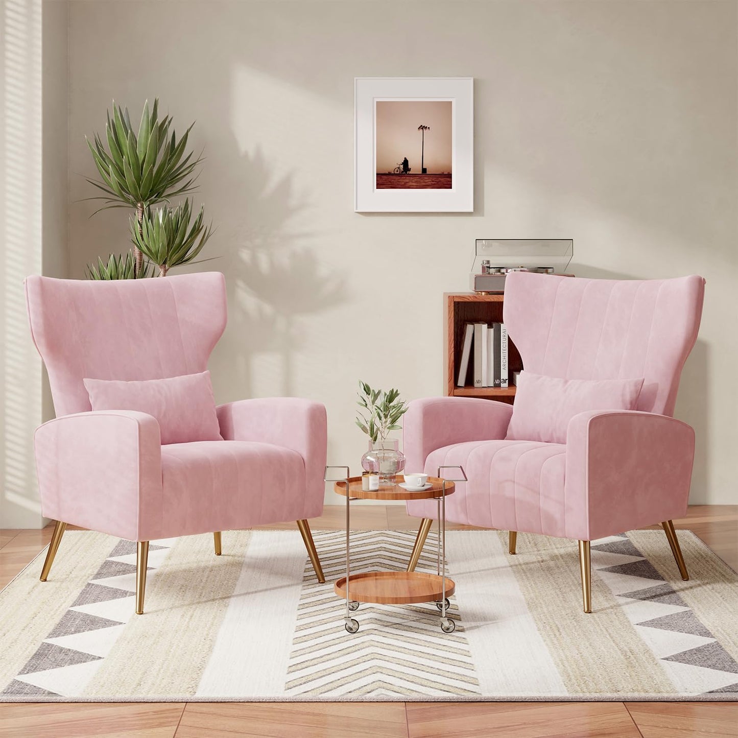 Relaxing Chair, Single Sofa, TV Chair, Wing Chair with Pillow and Gold Metal Feet Made of Velvet up to 130 kg, Bedroom, Living Room, Beige