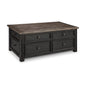 Signature Design by Ashley Wildenauer Farmhouse 2-Drawer Lift-Top Coffee Table with 2 Storage Bins Under Top and Casters, Light Brown & Black