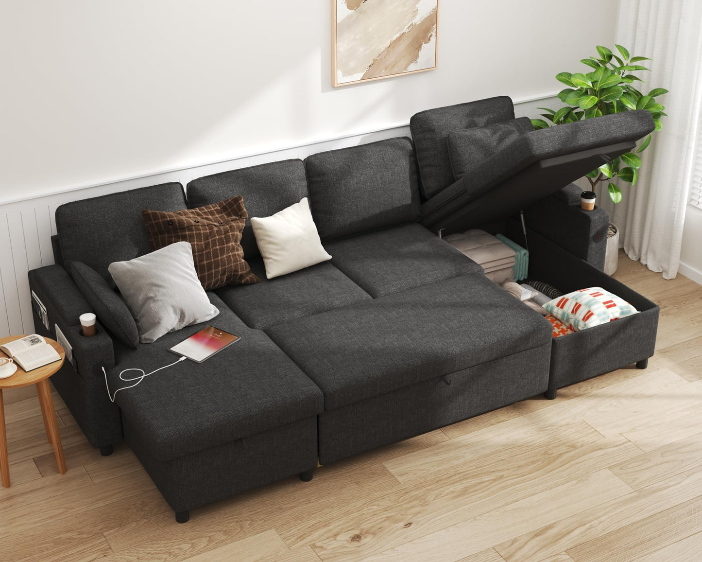 DURASPACE Sofa Bed Sleeper Pull Out 2 in 1 Sectional Sleeper Sofa Couches with Storage,USB, Cup Holder,Pullout Sectional Couches for Apartment Living Room (Dark Gray)