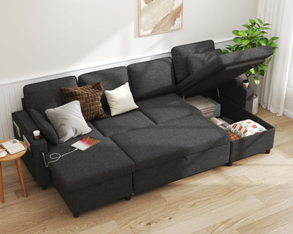 DURASPACE Sofa Bed Sleeper Pull Out 2 in 1 Sectional Sleeper Sofa Couches with Storage,USB, Cup Holder,Pullout Sectional Couches for Apartment Living Room (Dark Gray)