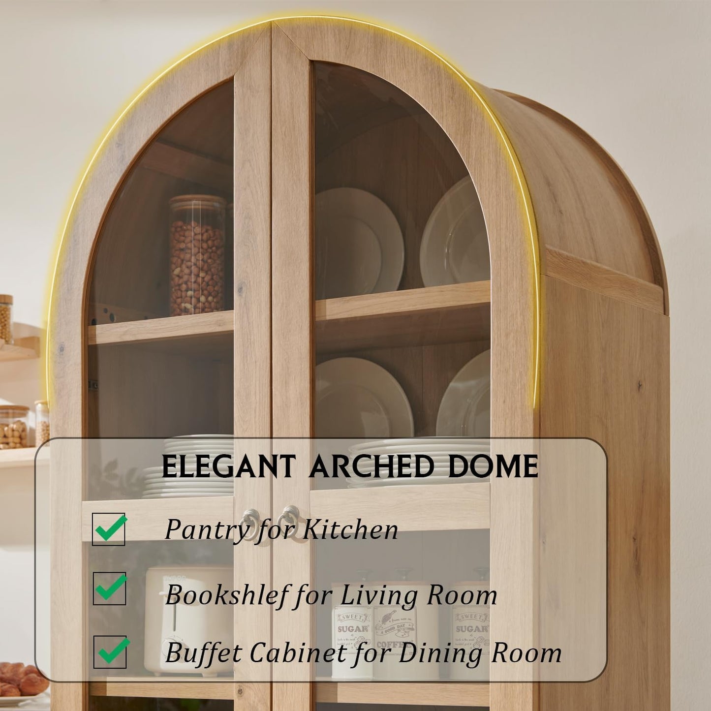 71" Tall Arched Kitchen Pantry, Modern Farmhouse Wood Kitchens Storage Cabinets with 2 Large Drawers and Adjustable Shelves, Versatile Cupboard for Kitchen, Dining Room, Bathroom, Natrual