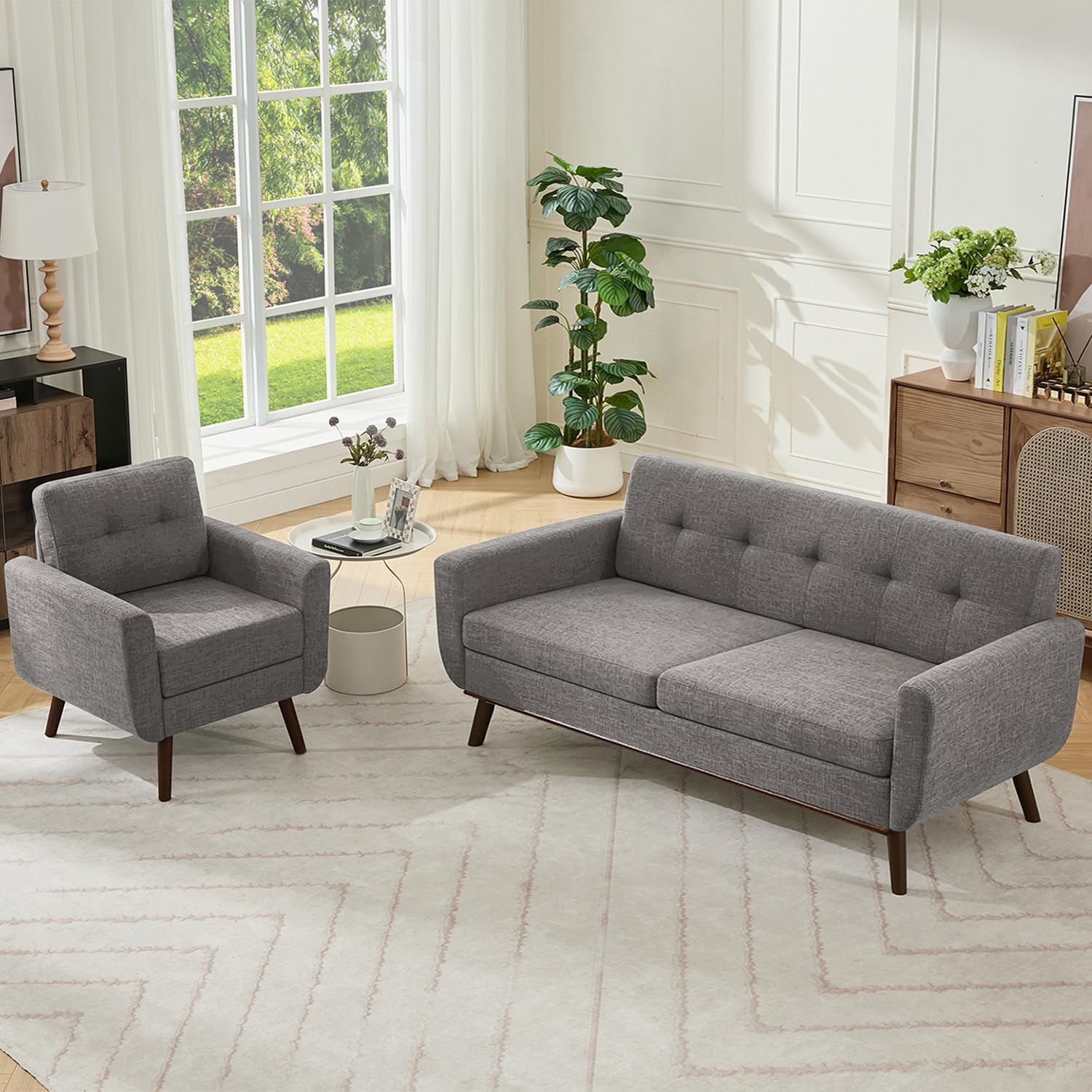 Kingfun 65.2" W Loveseat Sofa, Mid Century Modern Decor Love Seat Couches for Living Room, Button Tufted Upholstered Furniture, Solid & Easy to Install Small Couch for Bedroom Office Apartment, Beige