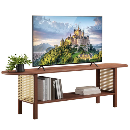 HollyHOME Bamboo TV Stand with Storage for TVs up to 65'', Modern Entertainment Center with 2 Open Shelf, Accent Media Console Table for Living Room, Bedroom, 55"(L), Walnut