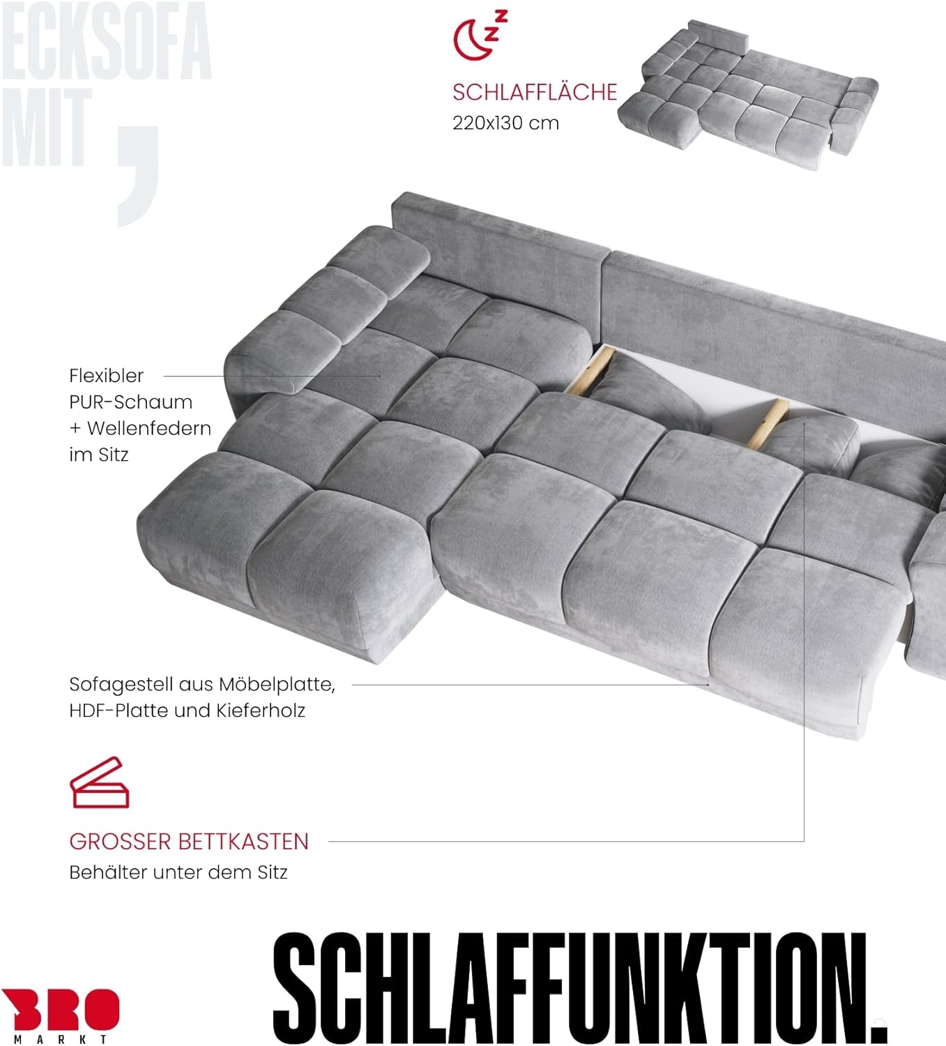 BROMARKT Corner Sofa with Sleep Function and Bed Box Sofa L Shape Couch 294 x 184 cm 5-Seater Living Room Corner Sofa Bed Living Landscape Nubes Dusky Pink