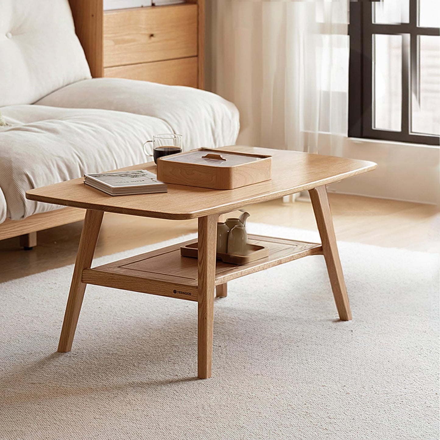 100% Solid Oak Coffee Table with Storage Shelf, 2-Tier Wooden Center Table for Living Room, Farmhouse Rustic Rectangle Table, Easy Assembly, Walnut Color, 39.37inch