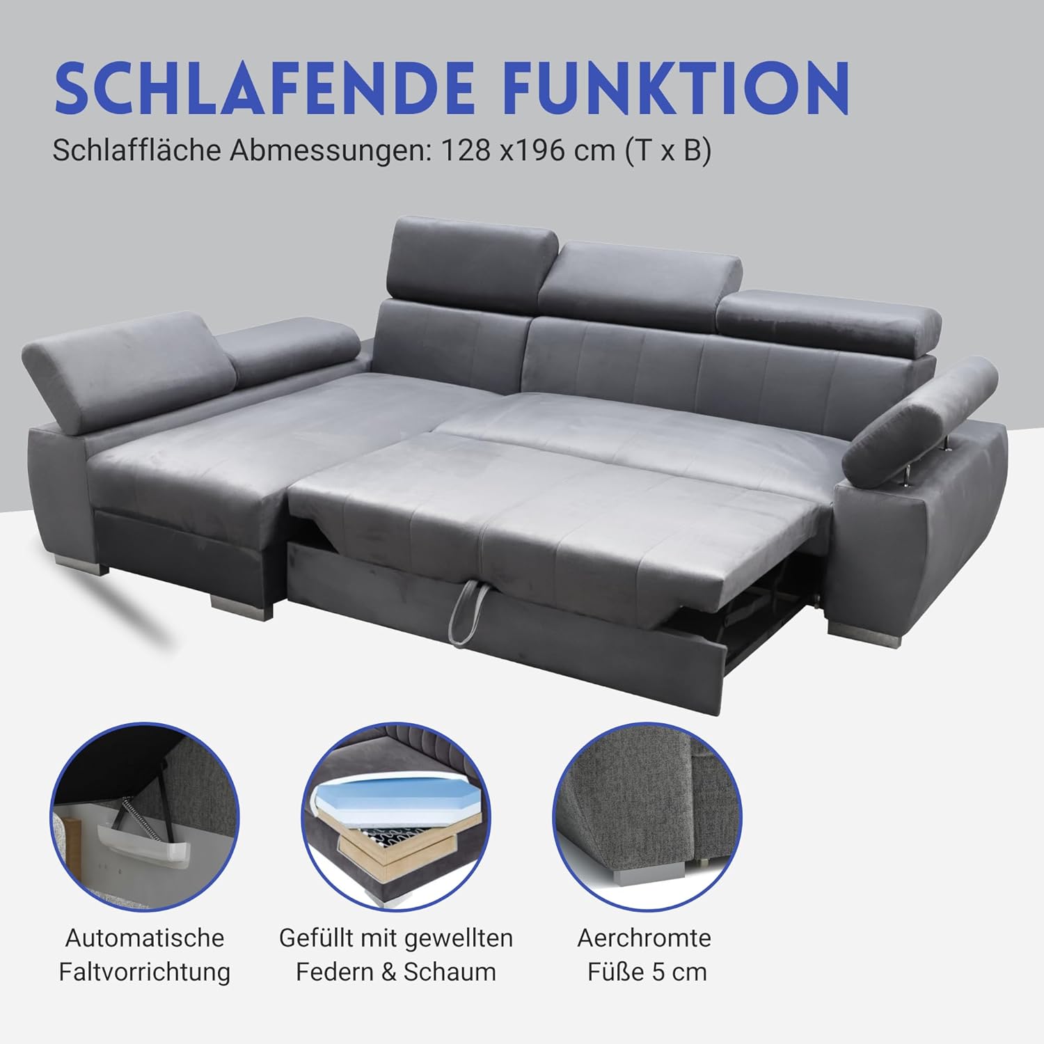 Ecksofa OTTO, Eckcouch mit Schlaffunktion, Federkern, Verstellbare Kopfstützen, Einfacher Klappmechanismus, Bettfunktion, Zusätzlicher Stauraum, Plüsch Anthrazit, Links