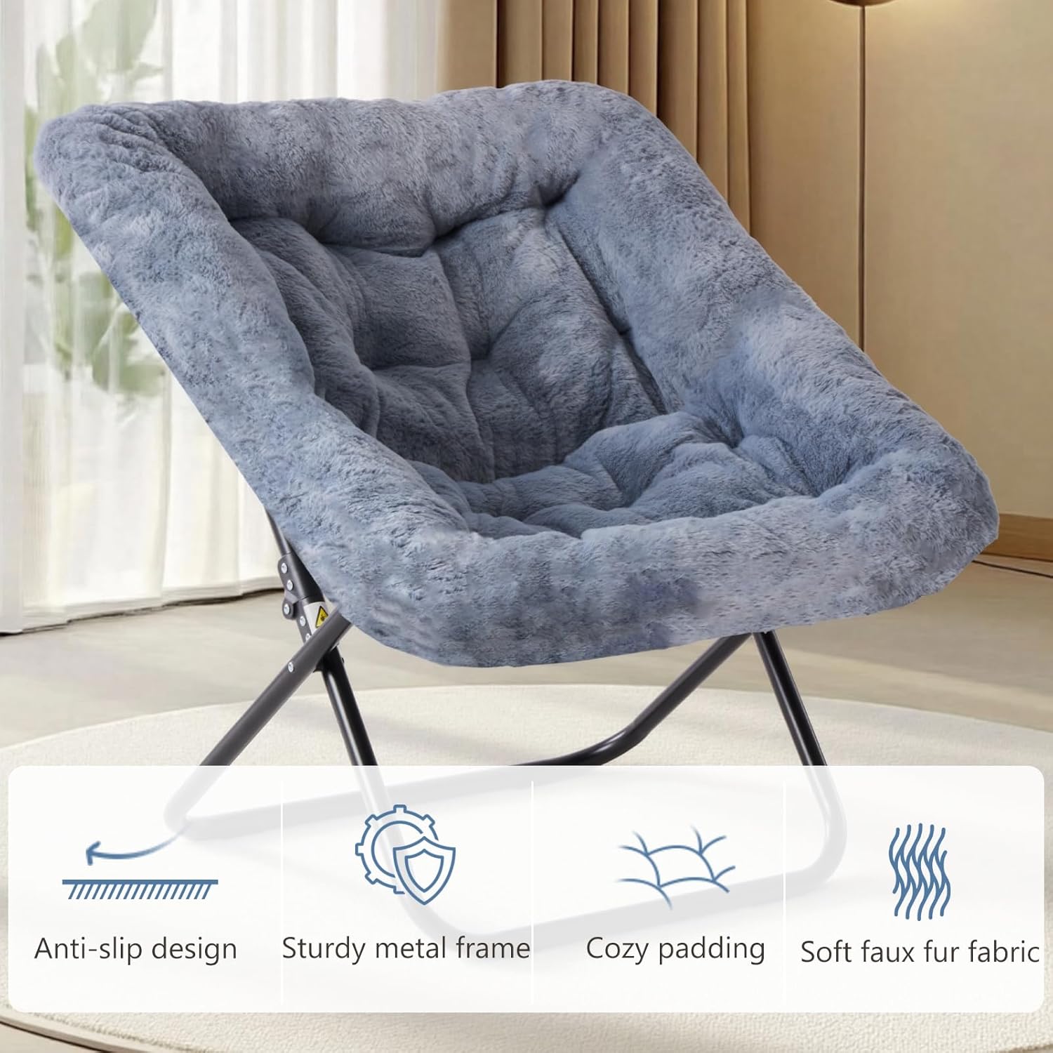 DUMOS Comfy Chair for Adults, Soft Faux Fur Folding Lounge for Bedroom Living Room Dorm Rooms Flexible Reading Chair for Teens, Large Size Foldable (Square-Gray)