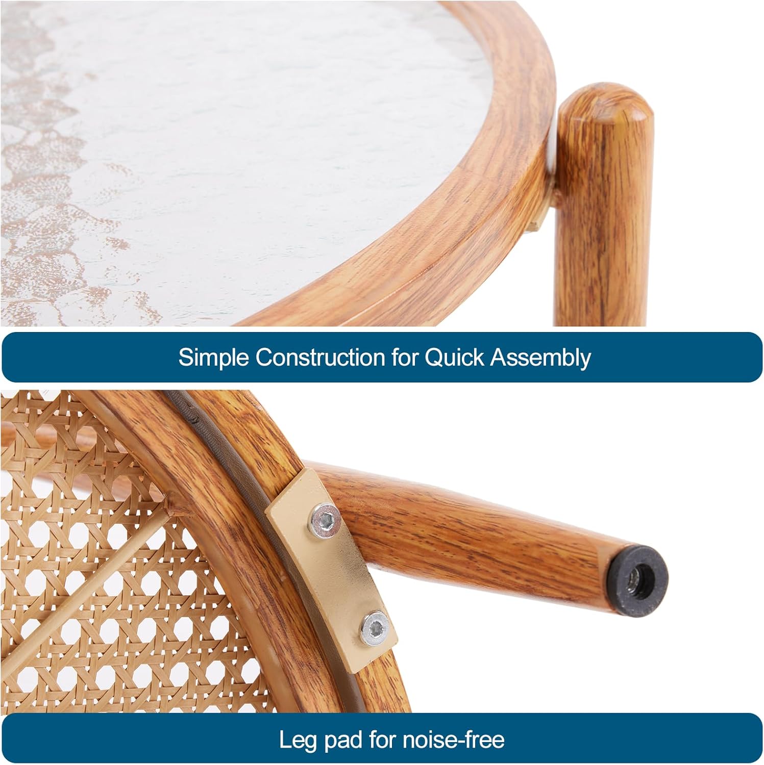 VINGLI 25.6" Rattan Coffee Table, Round Water-Wave Glass Metal Center Table, Modern Coffee Table with 2-Tier Storage, Farmhouse Circular Table for Living Room and Small Space, Natural Vibe