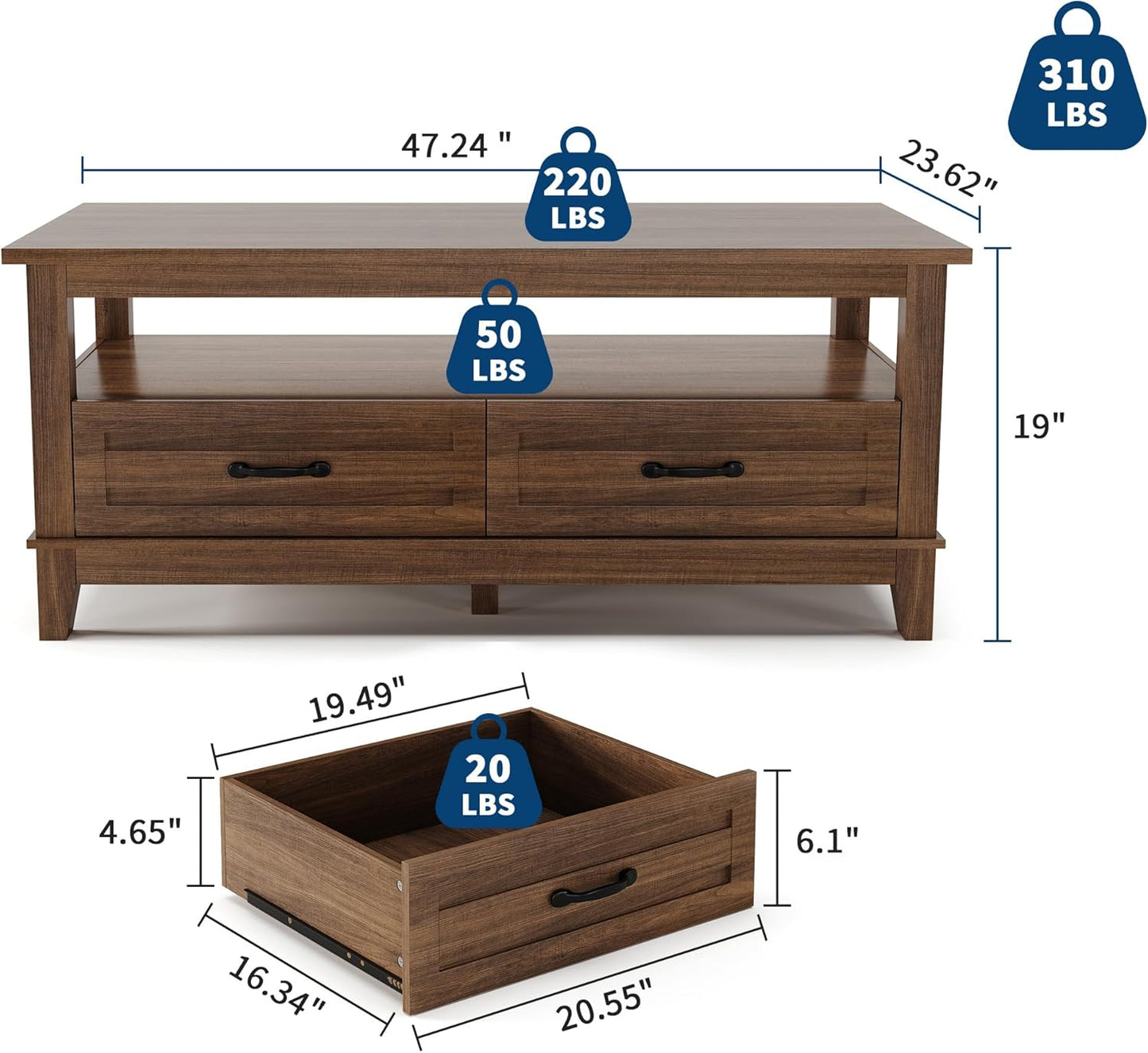 GarveeHome Farmhouse Coffee Table with Drawers, 47.2 in Center Table Rustic Coffee Tables Walnut Center Table with Open Shelf, 6 Support Legs