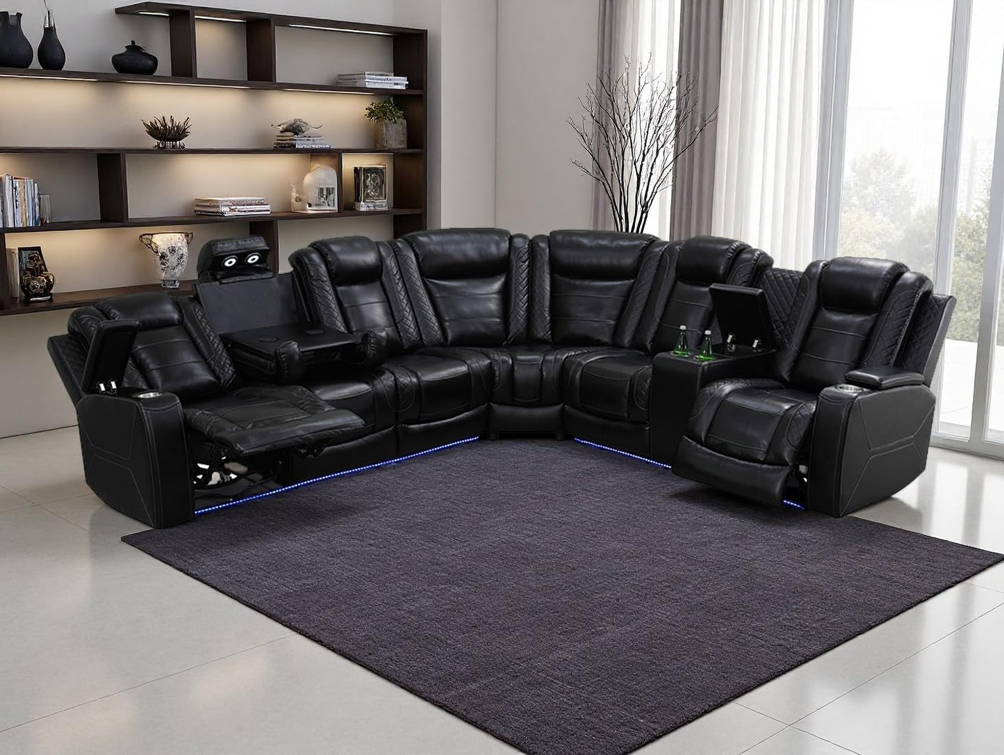 Power Recliner Sectional Sofa Set,Living Room Furniture Sets,Black Leather Sectional Reclining Couch Power Reclining Sofa with LED Light/Storage Console for Living Room