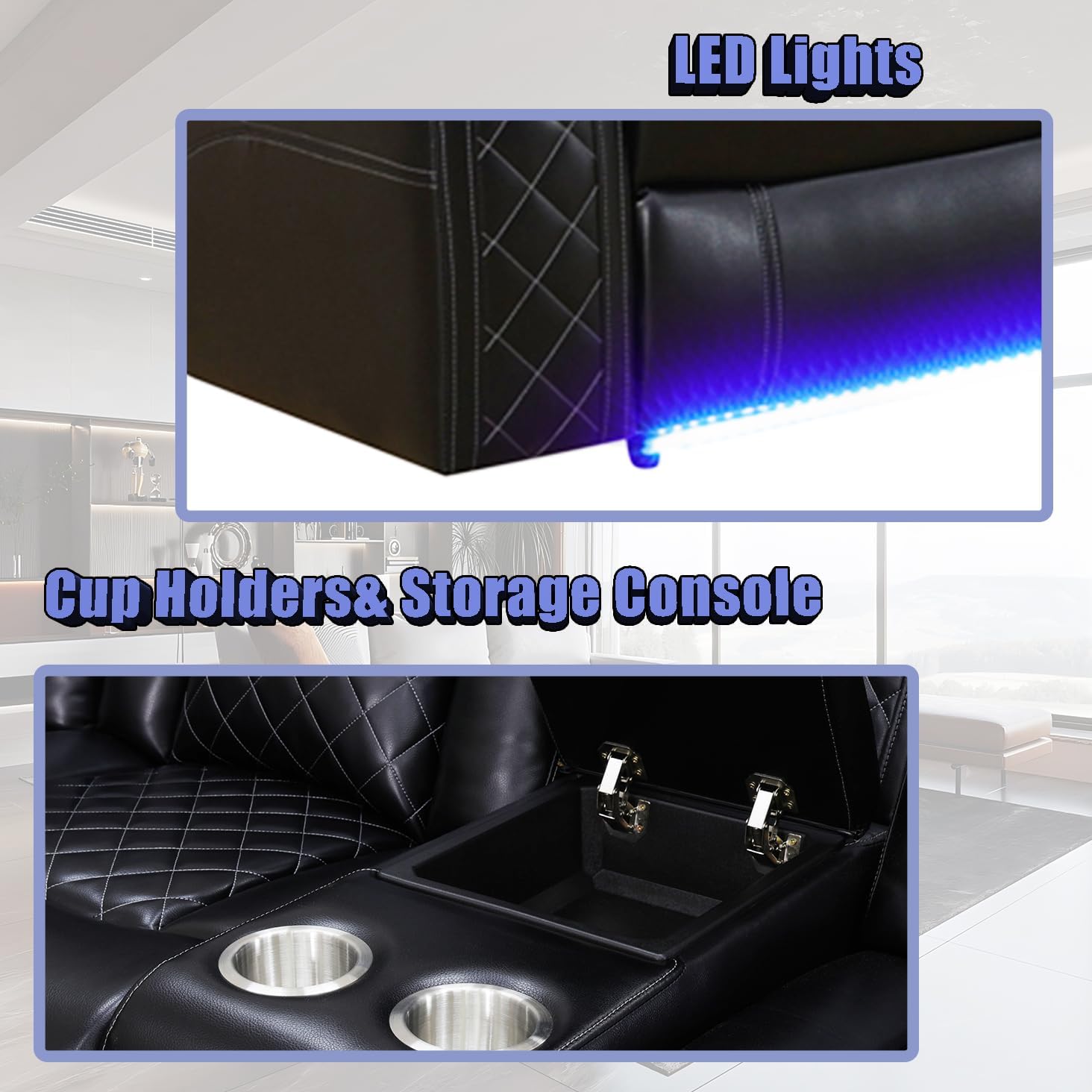 Power Recliner Sectional Sofa Set,Living Room Furniture Sets,Black Leather Sectional Reclining Couch Power Reclining Sofa with LED Light/Storage Console for Living Room