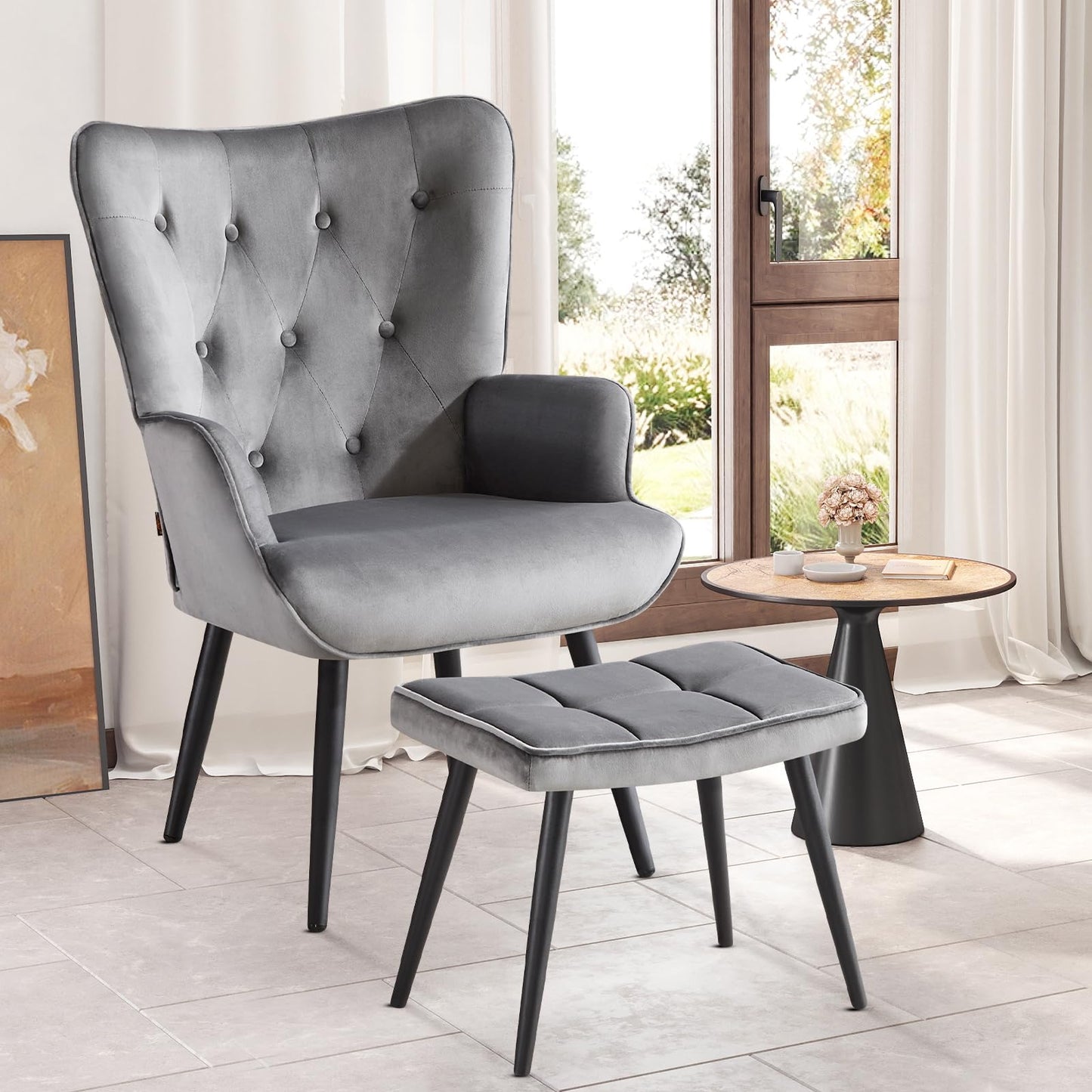 Armchair with Stool, Wing Chair with Stool Made of PU Leather, Armchair, Living Room Recliner Chair with Footrest, Lounge Chair, Upholstered Chair for Living Room, Bedroom, Study, Brown