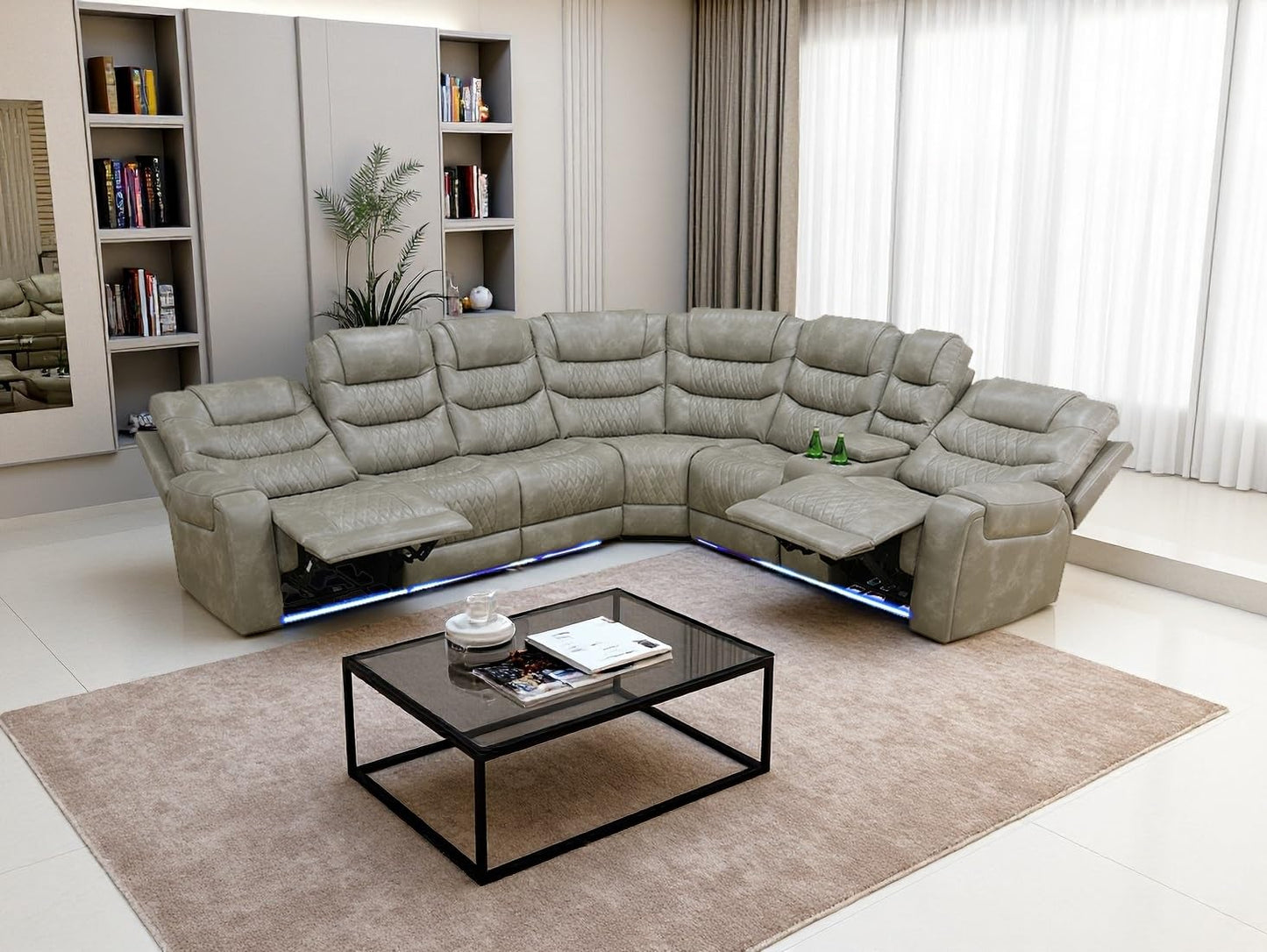Power Recliner Sectional Sofa Set,Living Room Furniture Sets,Black Leather Sectional Reclining Couch Power Reclining Sofa with LED Light/Storage Console for Living Room