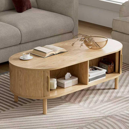 Coffee Table for Living Room, Modern Oval Coffee Table with Cabinets & Sliding Doors, Home Small Space, 29.9" Fluted Center Table, Natual
