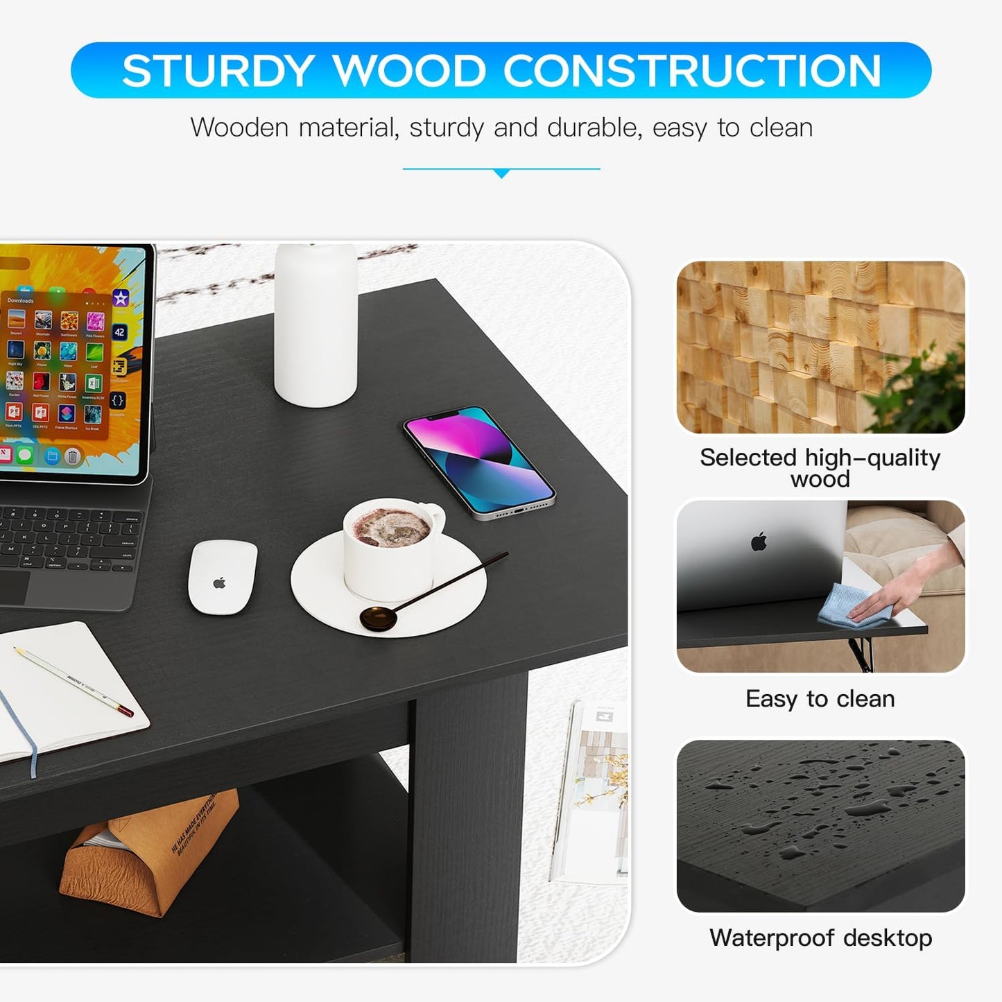 FDW 39.4" Lift Top Coffee Table with Hidden Compartment and Storage Shelf Wooden Lift Tabletop for Home Living Room Reception Room Office,Bark Black