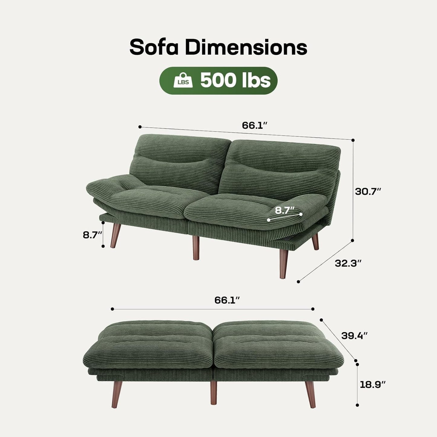 Marsail Futon Sofa Bed, Futon Couch with Adjustable Backrest & Armrests, Convertible Small Sleeper Sofa Bed for Small Apartments, Study Room, Office, Corduroy Loveseat, Green