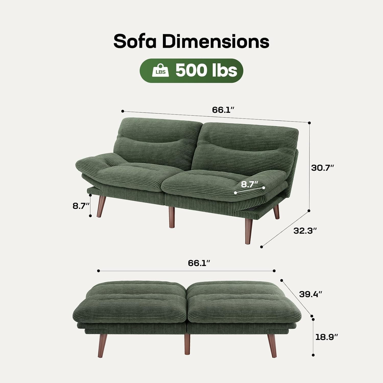 Marsail Futon Sofa Bed, Futon Couch with Adjustable Backrest & Armrests, Convertible Small Sleeper Sofa Bed for Small Apartments, Study Room, Office, Corduroy Loveseat, Green