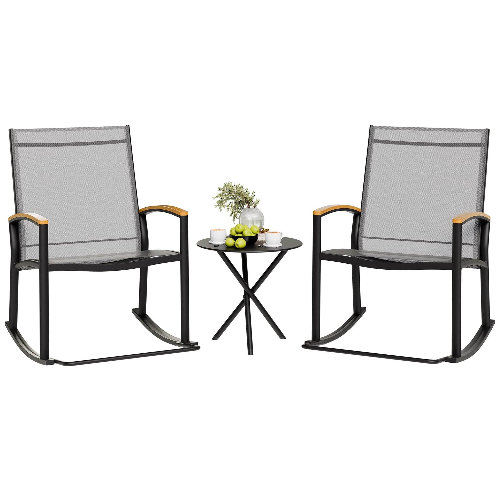 Shintenchi 3 Piece Outdoor Rocking Bistro Set, Textilene Fabric Small Patio Furniture Set, Front Porch Rocker Chairs Conversation Set with Table for Lawn, Garden, Balcony, Poolside (Black)