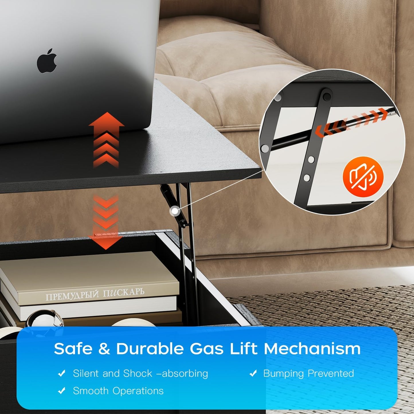 FDW 39.4" Lift Top Coffee Table with Hidden Compartment and Storage Shelf Wooden Lift Tabletop for Home Living Room Reception Room Office,Bark Black