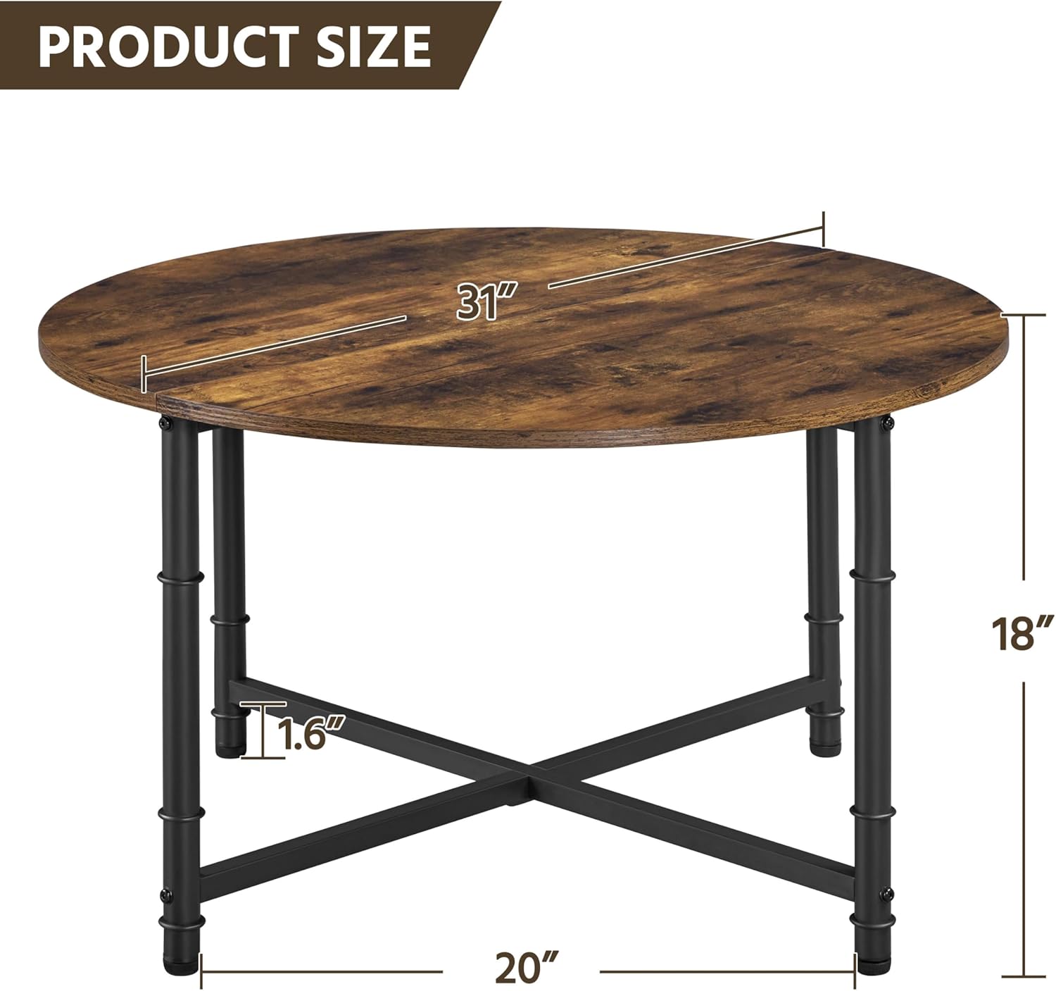 Yaheetech Round Coffee Table, Small Coffee Table with Sturdy Metal Legs for Living Room, Rustic Wood Circle Tables Easy to Assemble, 31.5 x 17.7 Inches
