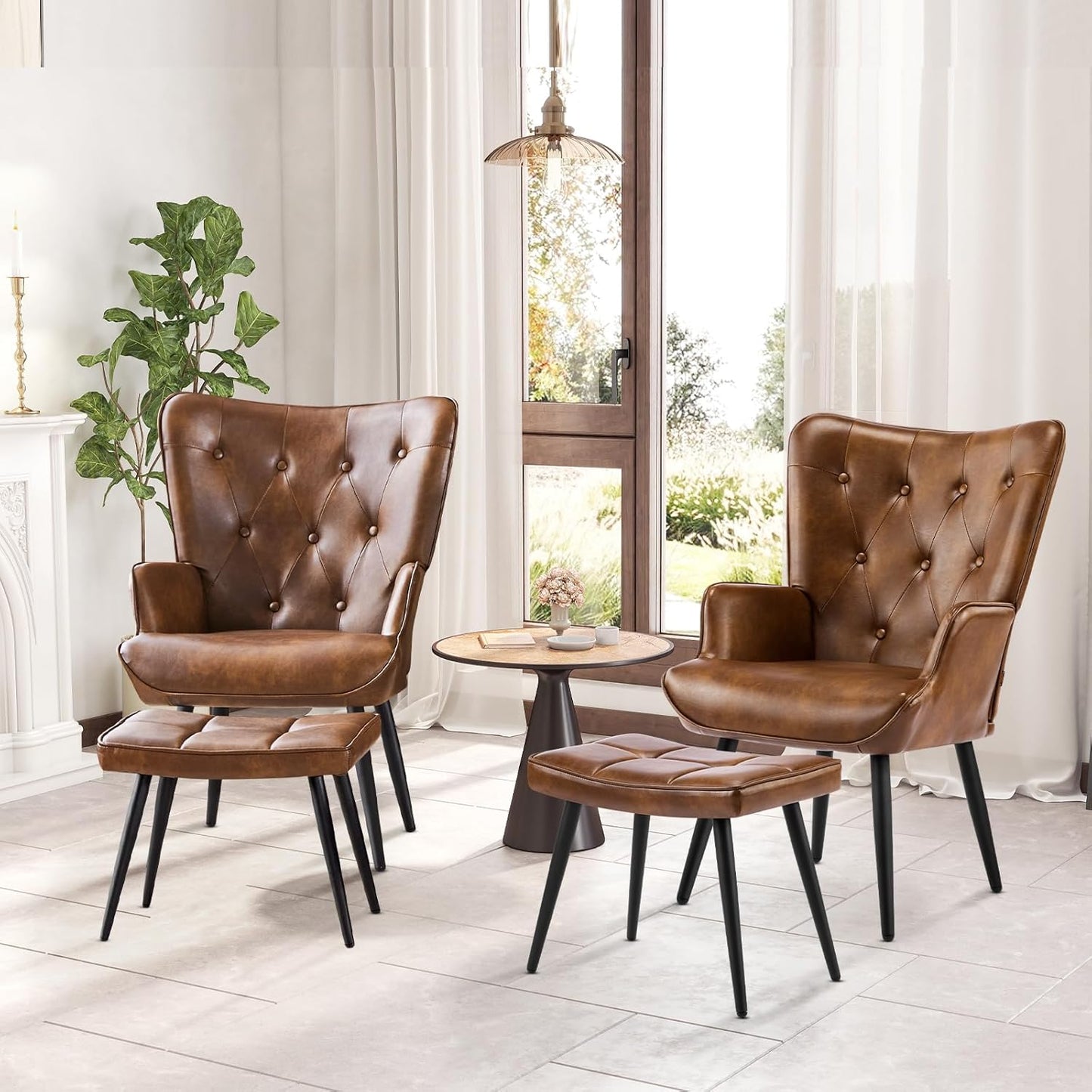 Armchair with Stool, Wing Chair with Stool Made of PU Leather, Armchair, Living Room Recliner Chair with Footrest, Lounge Chair, Upholstered Chair for Living Room, Bedroom, Study, Brown