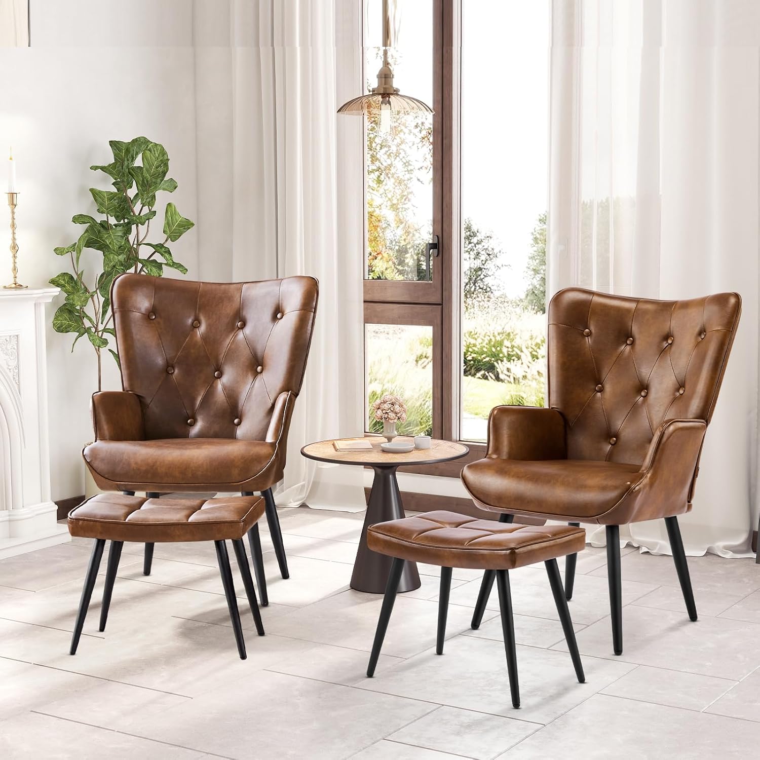 Armchair with Stool, Wing Chair with Stool Made of PU Leather, Armchair, Living Room Recliner Chair with Footrest, Lounge Chair, Upholstered Chair for Living Room, Bedroom, Study, Brown