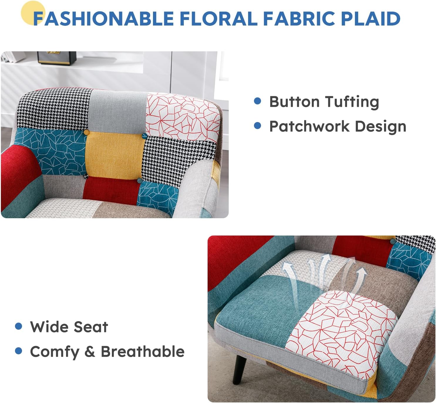 Bonzy Home Modern Oversized Accent Chair for Living Room, Colorful Boho Linen Fabric Upholstered Armchair with Wood Legs, Single