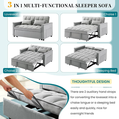 Antetek 3 in 1 Convertible Sleeper Sofa Bed, Modern Velvet Loveseat Futon Couch w/Pullout Bed, Small Love Seat Lounge Sofa w/Reclining Backrest, Toss Pillows, Pockets, Furniture for Living Room, Grey