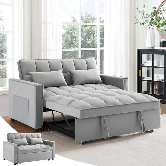 Antetek 3 in 1 Convertible Sleeper Sofa Bed, Modern Velvet Loveseat Futon Couch w/Pullout Bed, Small Love Seat Lounge Sofa w/Reclining Backrest, Toss Pillows, Pockets, Furniture for Living Room, Grey