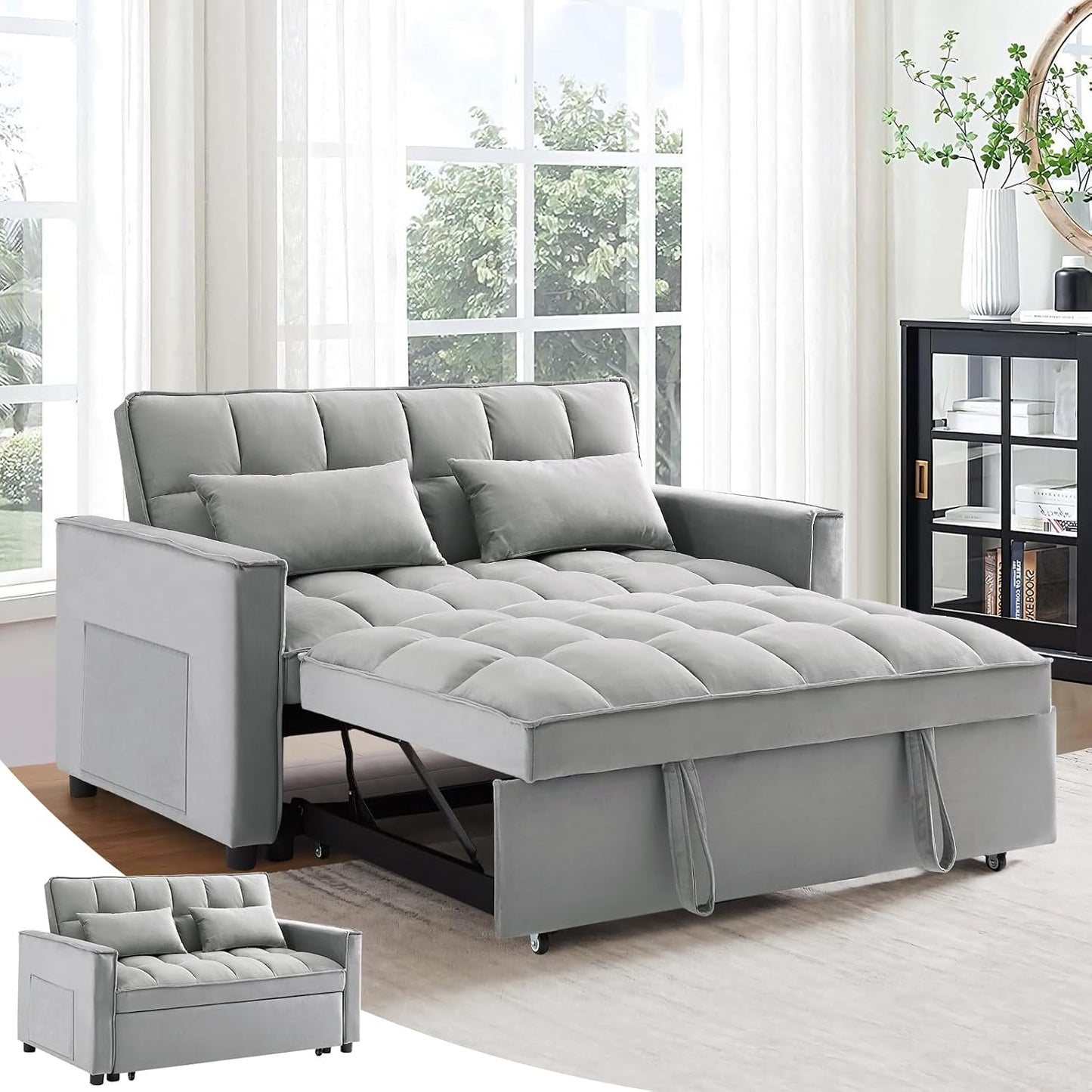 Antetek 3 in 1 Convertible Sleeper Sofa Bed, Modern Velvet Loveseat Futon Couch w/Pullout Bed, Small Love Seat Lounge Sofa w/Reclining Backrest, Toss Pillows, Pockets, Furniture for Living Room, Grey