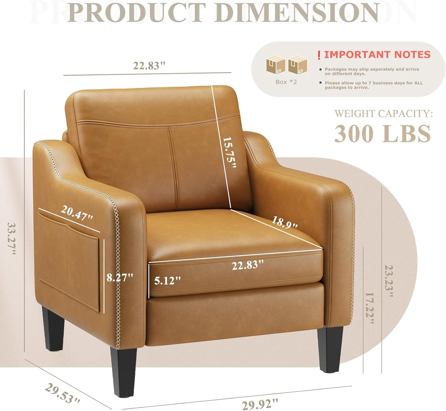PU Leather Accent Chair Set of 2, Mid-Century Modern Living Room Armchair Sofa with Removable Cushions, Solid Wood Frame & Stitched Armrest Design, Bedroom Chair with Plastic Legs, Brown