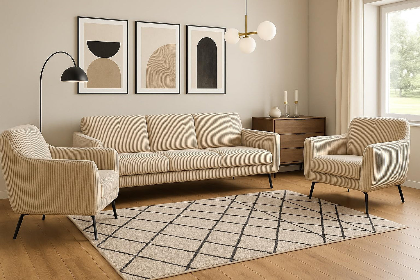 A&J MöbelLand GmbH Benito Upholstered Set 3-Seater Sofa + 2 Armchairs - Living Room Set, Modern Design, Bonell Spring Core, Durable Quality, Cover in Grey