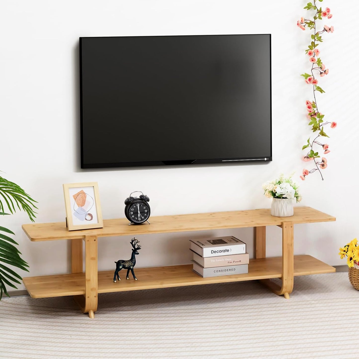 HollyHOME Bamboo TV Stand with Storage for TVs up to 65'', Modern Entertainment Center with 2 Open Shelf, Accent Media Console Table for Living Room, Bedroom, 55"(L), Walnut