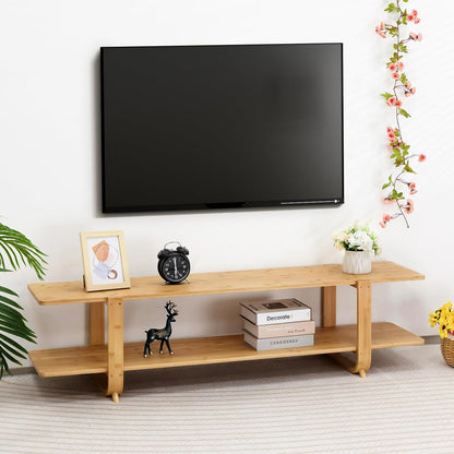 HollyHOME Bamboo TV Stand with Storage for TVs up to 65'', Modern Entertainment Center with 2 Open Shelf, Accent Media Console Table for Living Room, Bedroom, 55"(L), Walnut