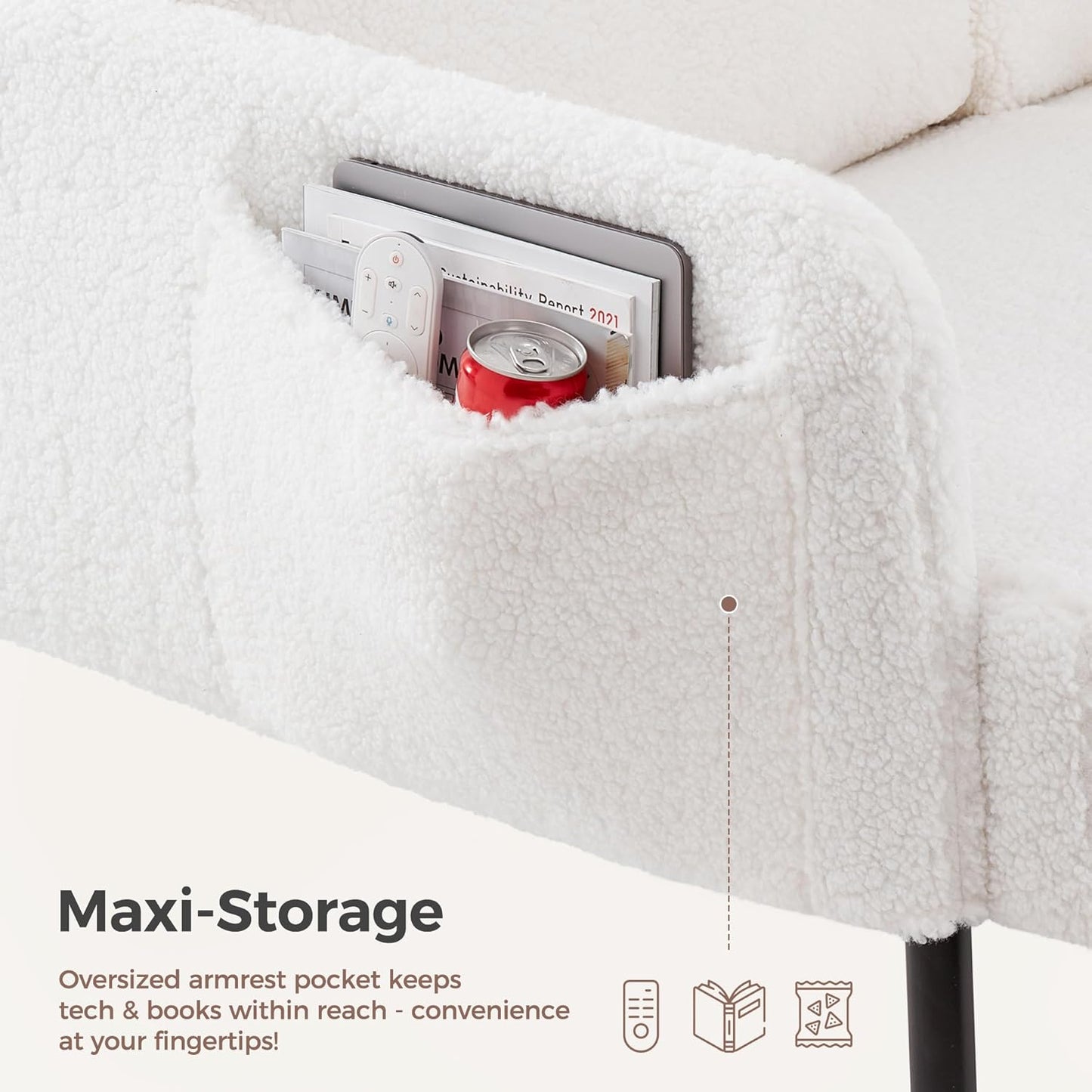 Mondeer Armchair, Single Lounge Sofa with Side Pocket with Metal Legs, Cosy Faux Lambskin Fabric, Modern, for Living Room, Bedroom, Study, 63 x 75 x 75 cm, White