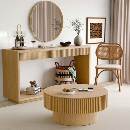 Round Coffee Table with Storage, Modern Wooden Coffee Table with Solid Wood Veneered, Circle Center Table Accent Tea Table for Living Room Apartment Small Space (31.5''L × 31.5''W × 14''H, Natural)