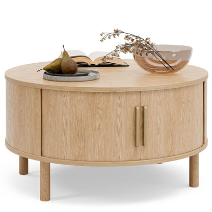 Coffee Table for Living Room, Modern Oval Coffee Table with Cabinets & Sliding Doors, Home Small Space, 29.9" Fluted Center Table, Natual