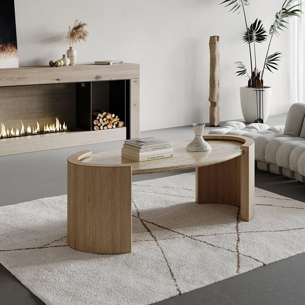homary 43" Japandi Oval Travertine Stone Top Coffee Table – Double Pedestal Oval Coffee Table with Natural Beige Stone Surface and Engineered Wood Base for Living Room and Lounge