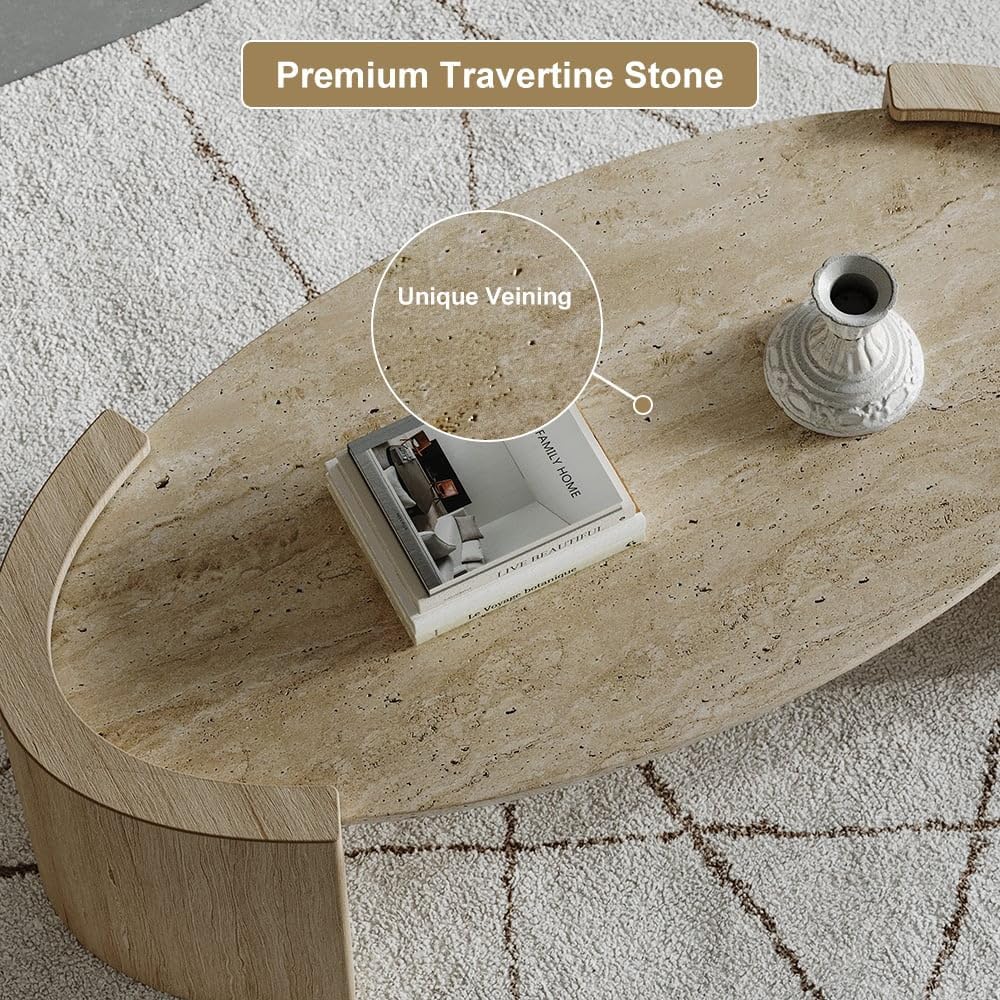 homary 43" Japandi Oval Travertine Stone Top Coffee Table – Double Pedestal Oval Coffee Table with Natural Beige Stone Surface and Engineered Wood Base for Living Room and Lounge