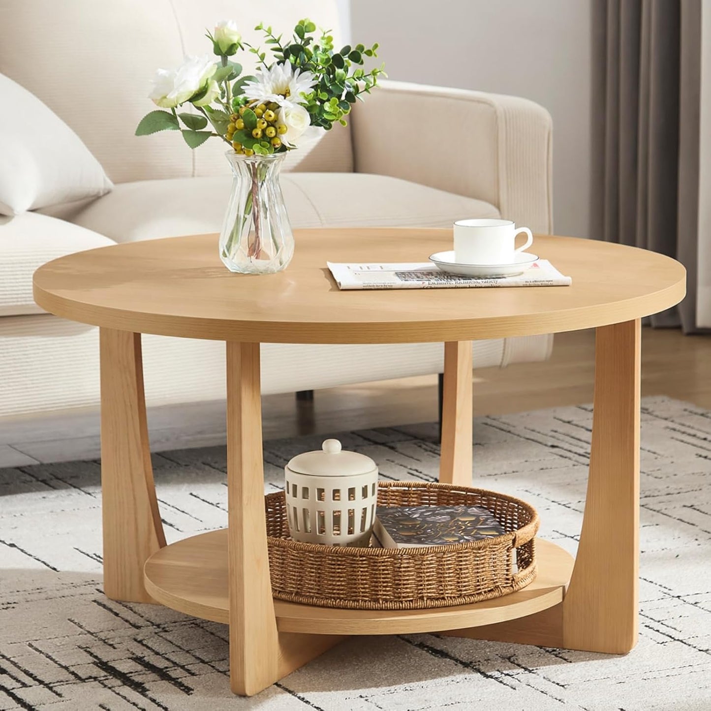 BECHAEO 31.5'' Round Coffee Table with Solid Wood Pine Legs, 2-Tier Retro Round Coffee Table with Storage Shelf, Small Modern Wood Circle Coffee Table Boho Round Center Table for Living Room (Natural)