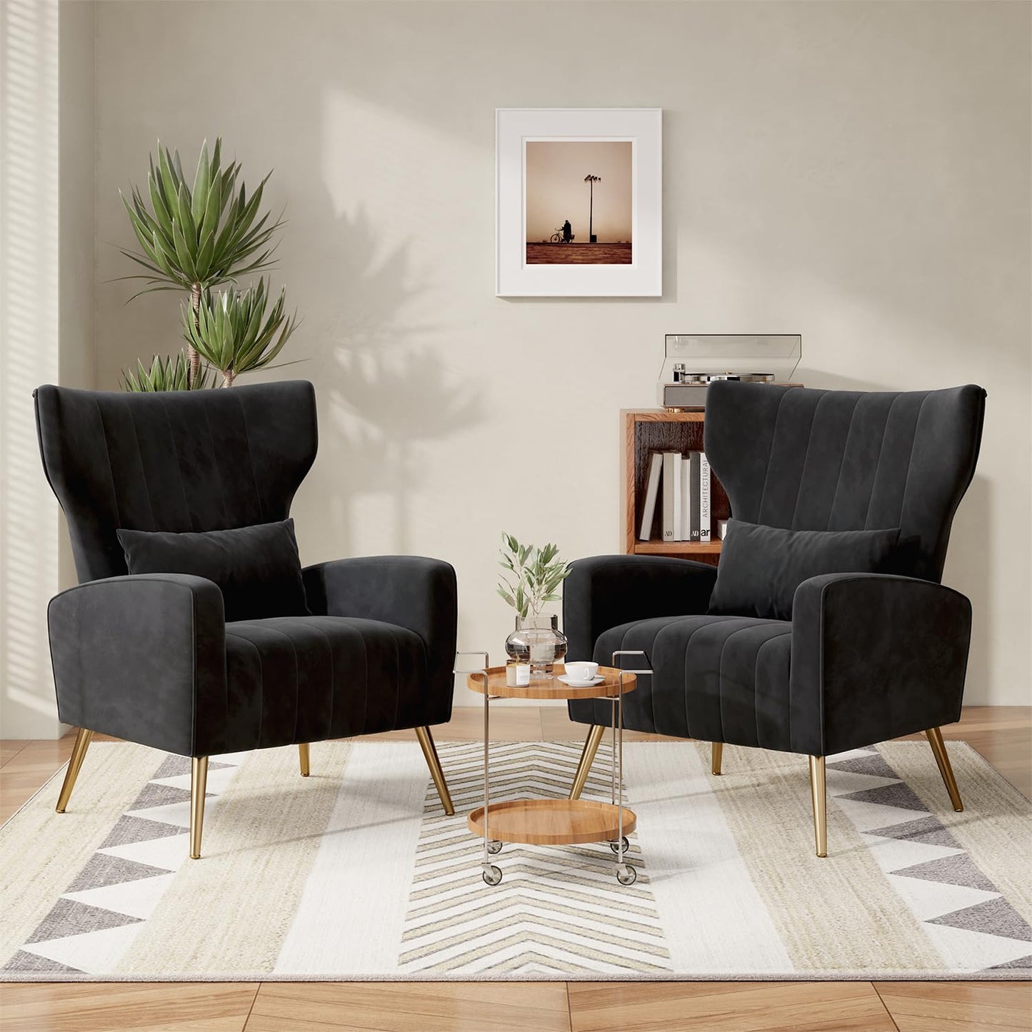 Relaxing Chair, Single Sofa, TV Chair, Wing Chair with Pillow and Gold Metal Feet Made of Velvet up to 130 kg, Bedroom, Living Room, Beige