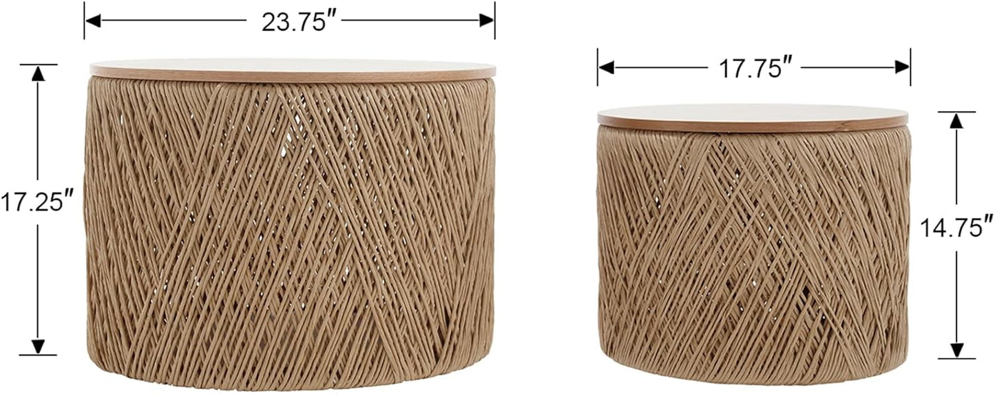 chairus Nesting Coffee Table Set of 2 Woven Round Coffee Table with Storage Solid Wood Side Table for Small Spaces, Living Room, Bedroom, Office, Natural