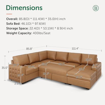 HONBAY Sleeper Sectional Couch with Pull-Out Bed Sectional Sleeper Sofa Pull Out Bed with Storage Chaise, 6 Seaters Couch for Living Room, Faux Leather Brown