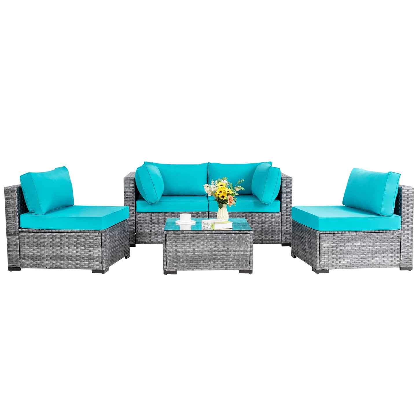 Shintenchi 5 Pieces Outdoor Patio Furniture Sets, Patio Sectional Sofa Couch, Gray PE Wicker Furniture Modular Patio Conversation Sets Patio Sofa with Washable Cushions & Table（Aegean Blue）