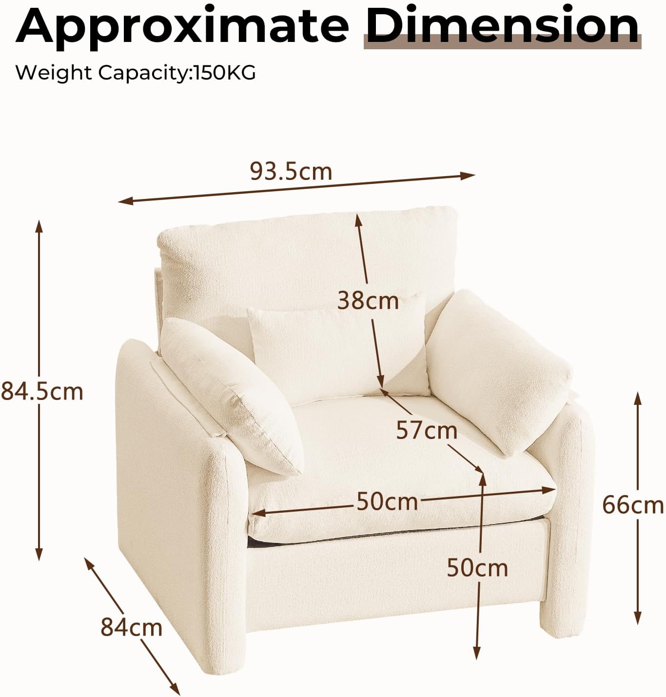 Extra Large Wing Chair, Living Room, 93.5 cm Upholstered Chair, TV Chair, Single Sofa with Removable Armrest & Throw Cushion, Single Sofa Reading Chair for Living Room, Bedroom, Beige
