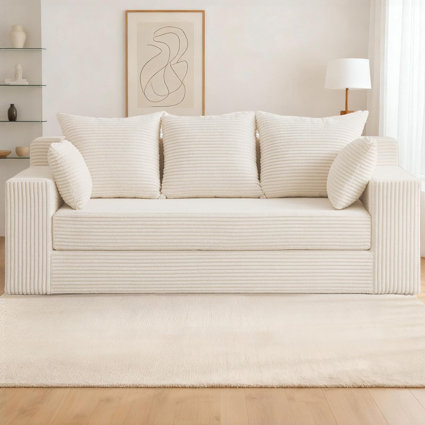 Convertible Sofa Bed, 3 in 1 Loveseat Folding Couch Bed Foldable - Chaise Lounge Chair & Floor Futon Sleeper, Corduroy Pull Out Sofa Bed with 4 Pillows for Living Room, Beige