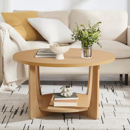 BECHAEO 31.5'' Round Coffee Table with Solid Wood Pine Legs, 2-Tier Retro Round Coffee Table with Storage Shelf, Small Modern Wood Circle Coffee Table Boho Round Center Table for Living Room (Natural)