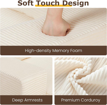 Convertible Sofa Bed, 3 in 1 Loveseat Folding Couch Bed Foldable - Chaise Lounge Chair & Floor Futon Sleeper, Corduroy Pull Out Sofa Bed with 4 Pillows for Living Room, Beige