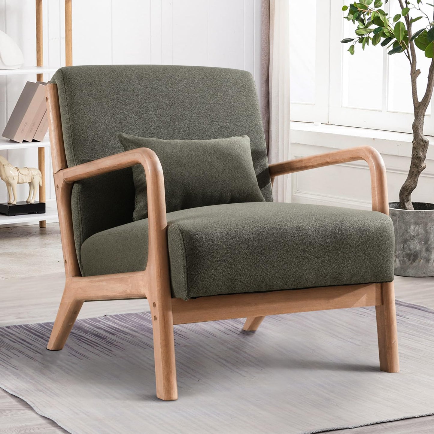 INZOY Mid Century Modern Accent Chair with Wood Frame, Upholstered Living Room Chairs with Waist Cushion, Reading Armchair for Bedroom Sunroom (Beige)